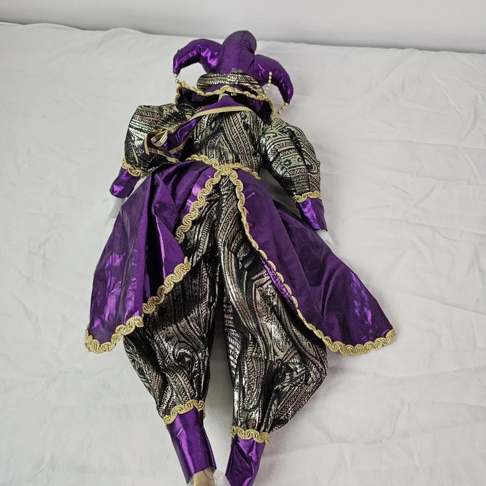 Vintage Harlequin Jester Porcelain Doll Mardi Gras Purple Gold Grand Casino
